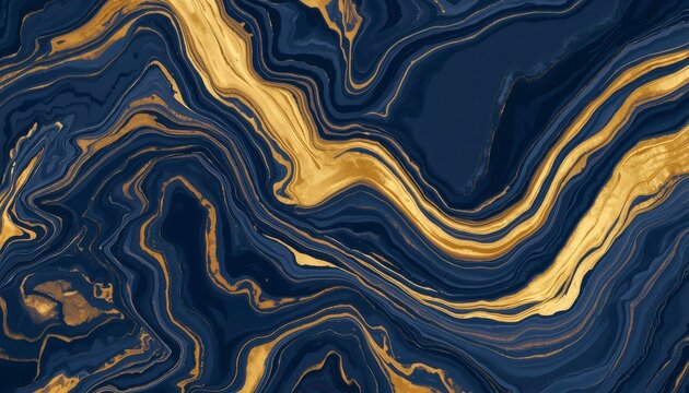 Luxury Blue and Gold Marble Texture Background with Fluid Acrylic Waves