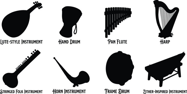Traditional Musical Instruments Silhouette Collection Featuring Harp Pan Flute Drums and Folk Strings