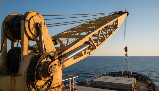 Yellow cargo ship derrick boom crane installed on a large commercial vessel sailing across the blue ocean for global logistics and heavy lifting maritime transport concept
