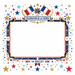 Fototapeta premium Festive French national celebration border in patriotic red, white, and blue colors, adorned with stars, confetti, and traditional symbols for events