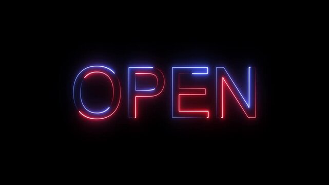 Glowing Red and Blue Neon "Open" Text for Business Signage. 4k animation text