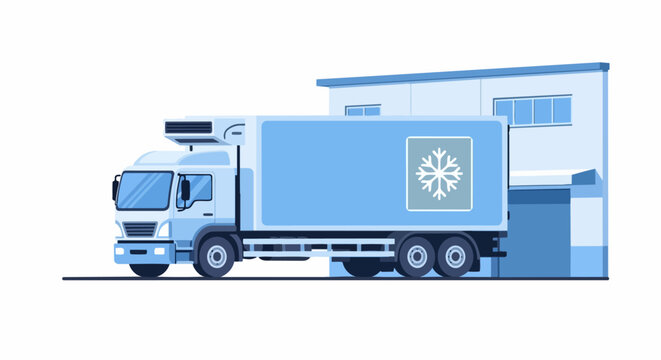 Modern Refrigerated Truck for Cold Chain Logistics and Frozen Food Delivery at Warehouse Loading Dock - Flat Vector Illustration