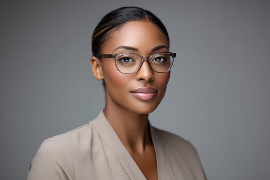 Confident portrait of a Black woman in glasses in a clean studio setting
