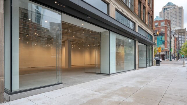 Contemporary storefront exterior featuring large glass windows and reflective urban street
