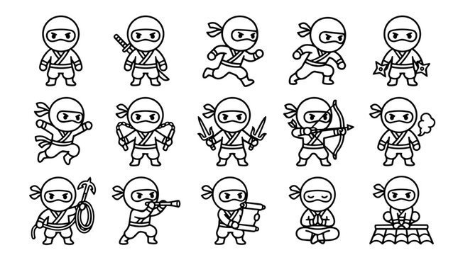 Cartoon ninja character poses and weapons collection