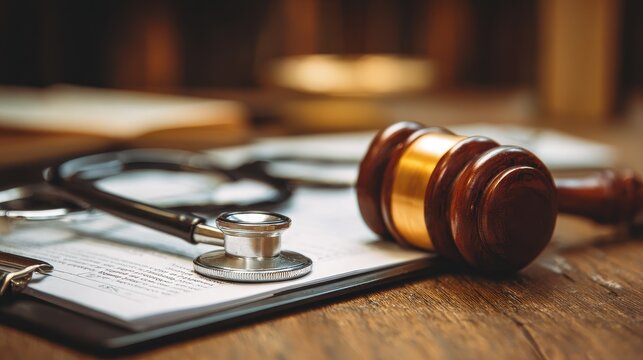 Courtroom desk with gavel, stethoscope, and medical paperwork illustrating medical litigation
