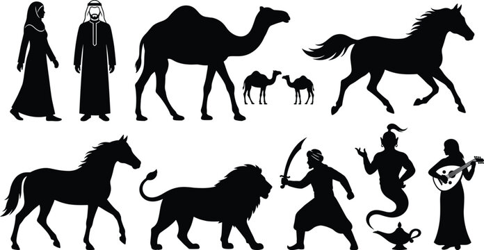 Middle Eastern traditional culture and folklore black silhouette icons set featuring arab people camels horses lion warrior genie and musician