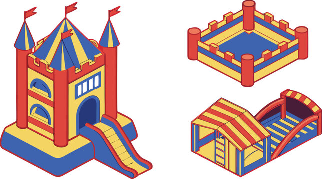 Isometric colorful inflatable bouncy castle slide and ball pit arena set for kids amusement park playground recreation vector illustration assetIsometric colorful inflatable bouncy castle slide and ba