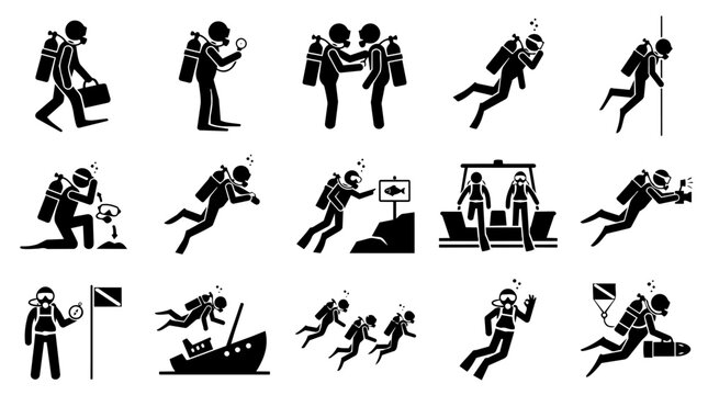 Scuba diver activities icon set