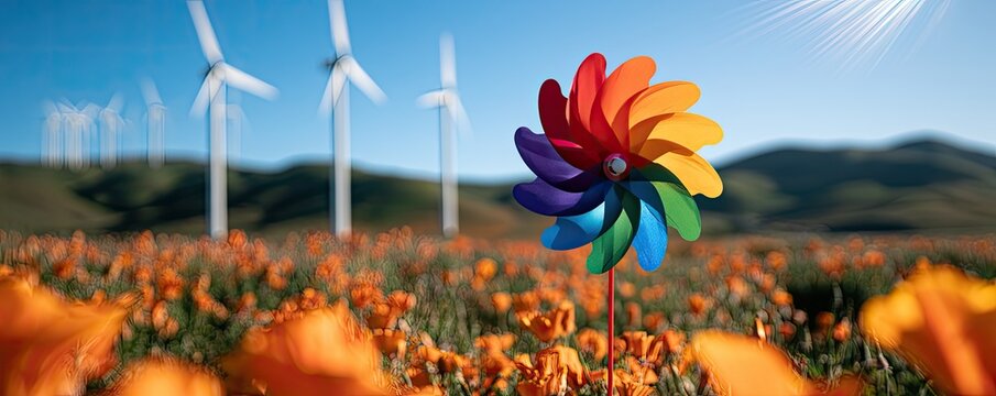 Colorful pinwheel in orange poppy field, windmills on distant hills