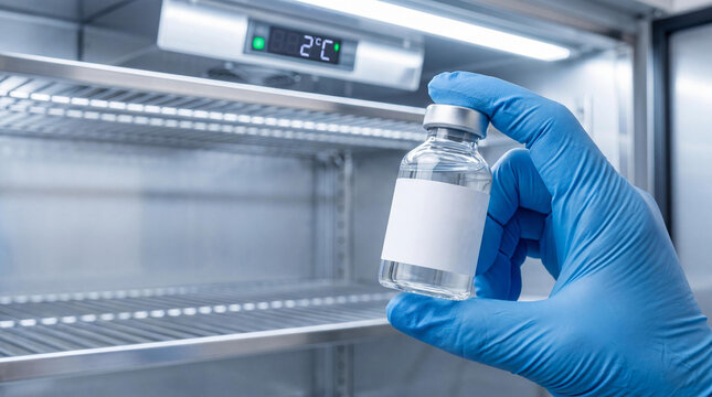 Woman scientist hand holding vaccine vial with blank label in front of industrial cold storage refrigerator at two degrees Celsius. Pharmacy distribution and medical research cold chain.