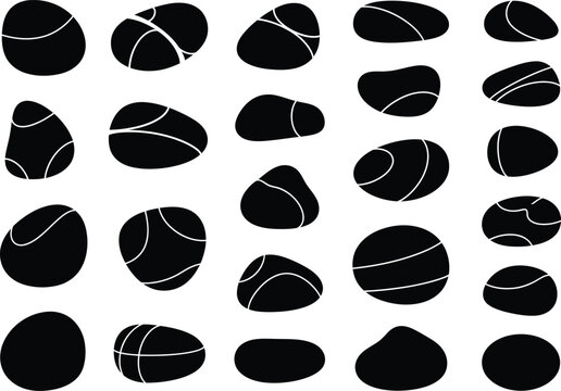 Zen stone collection black pebble shapes with white lines vector illustration