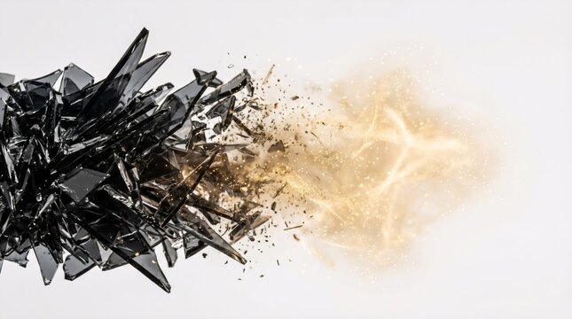 Exploding black glass sphere with glowing gold dust particles. Abstract crystal shards scattering in motion. Dynamic explosion concept representing transformation and energy on background.