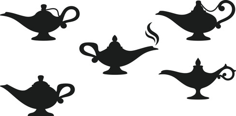Five silhouettes of magic lamps, one emitting smoke genie lamp aladdin lamp black © Sojib Patuary