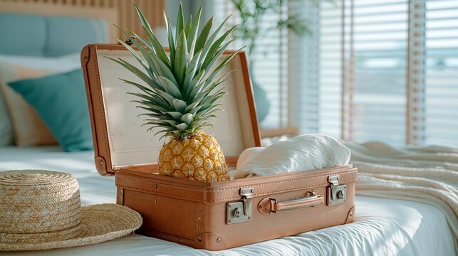 Retro suitcase packed with pineapple and beach hat for vacation