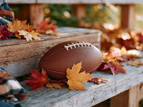 Autumn football scene with fallen leaves and plaid blanket