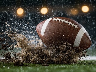 Naklejka premium American football impacting muddy field with water splash and rain