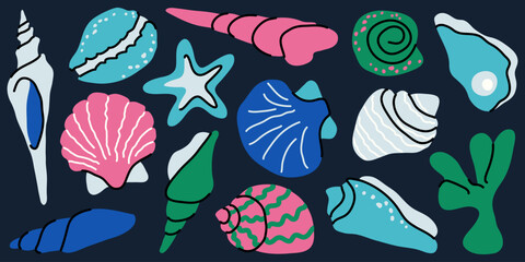 Marine seashell vector collection on dark background. Vibrant pink, blue, and green sea shells, oyster, and starfish elements for trendy sea and summer designs © Panna_Limon