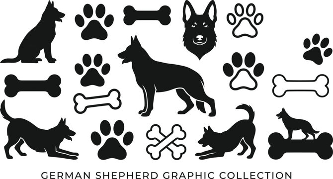 Collection of black german shepherd silhouettes, paw prints, and bone shapes on a white background