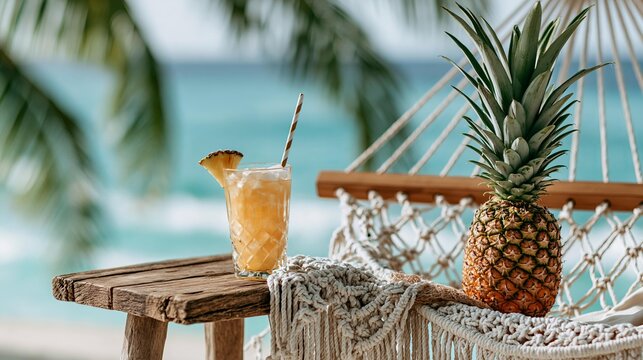 Refreshing pineapple cocktail and whole pineapple on a rustic table at the beach