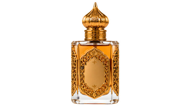 Luxury Arabic perfume bottle with ornate gold filigree, elegant oriental fragrance glass container, exotic oud oil bottle on white background