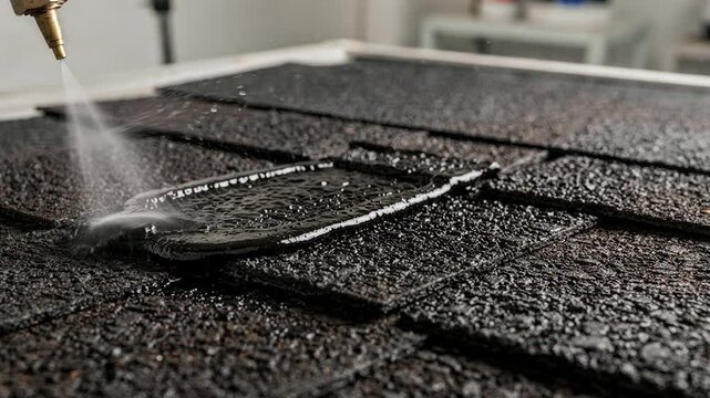 Highbuild asphalt roof coating sprayed in thick layers on test panels highlighting the enhanced durability and protective qualities of the application process