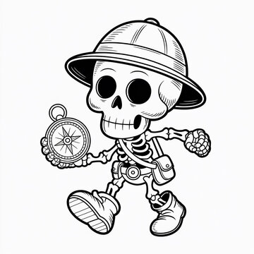 Cartoon skeleton explorer with hat compass and backpack transparent background