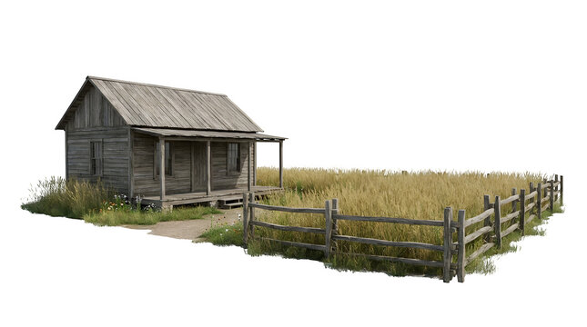Rustic wooden cabin with porch and split rail fence, weathered farm shack in wheat field, vintage western homestead isolated on white