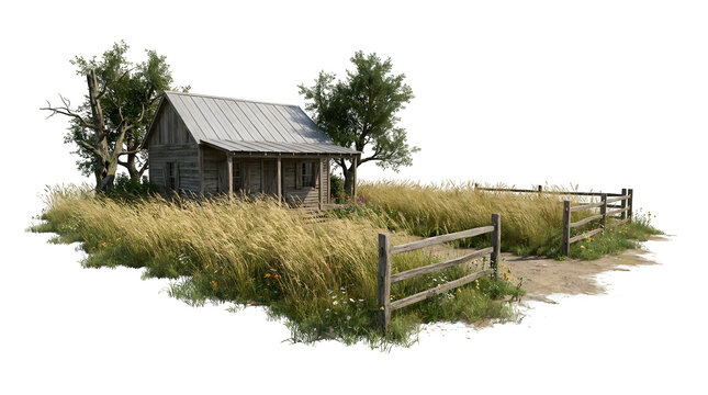 Rustic wooden cabin with porch and split rail fence, weathered farm shack in tall grass, isolated rural homestead on white background