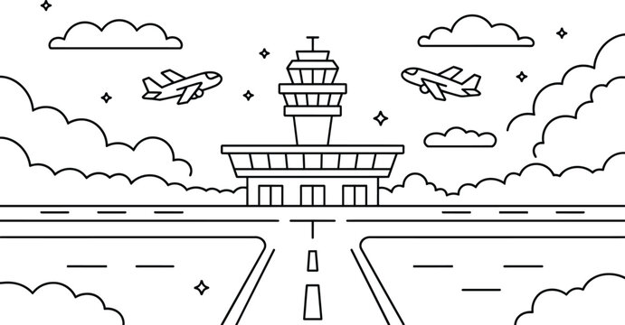 Airport scene with control tower, terminal, runway, flying airplanes, and clouds, a creative children's coloring book page and building, take off