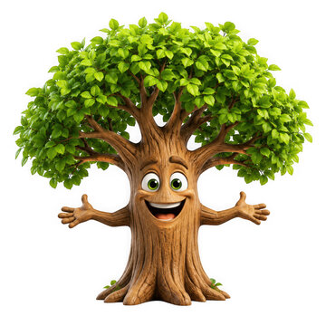 Happy cartoon tree character waving hello as isolated on transparent background