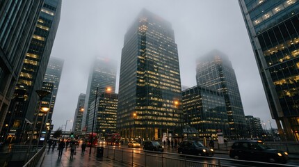 Fototapeta premium Busy downtown street with wet pavement and commuters under foggy overcast sky. office towers loom with lit windows while pedestrians and vehicles move along slick sidewalks, rainy urban commute scene.