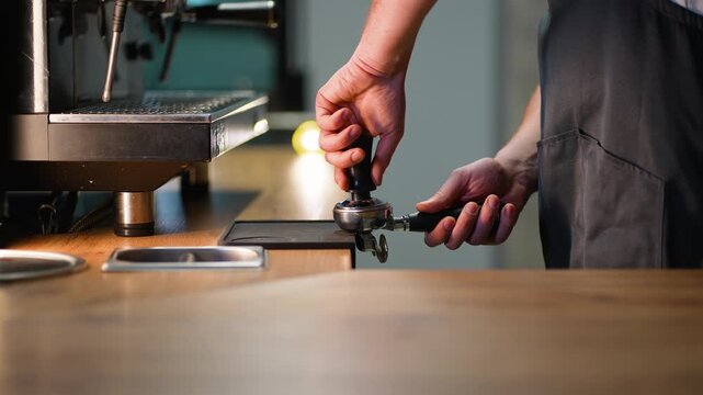 Professional barista tamping fresh ground coffee for espresso