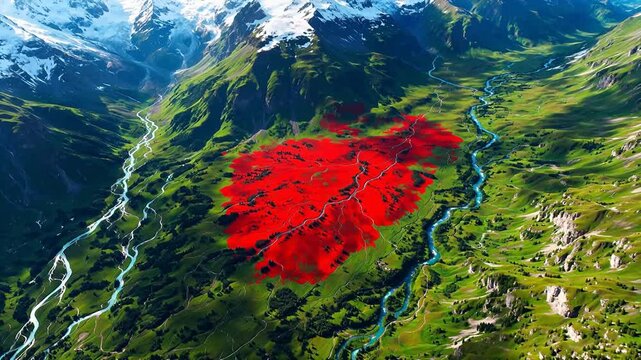 Aerial view of mountain valley with red patch