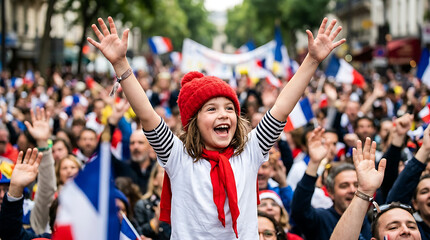 Fototapeta premium Joyful young woman celebrating with raised arms in excited crowd at outdoor festival