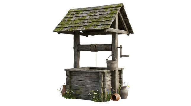 Rustic wooden wishing well with mossy shingle roof, medieval stone water well with bucket and pulley, weathered garden structure isolated on white