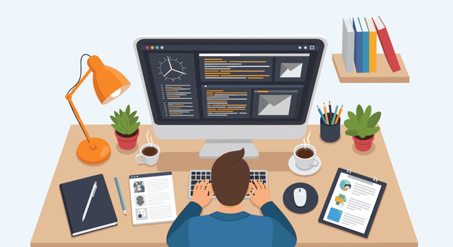 View from behind of a professional programmer or designer working at a large computer screen in a well-organized office workspace with coffee.