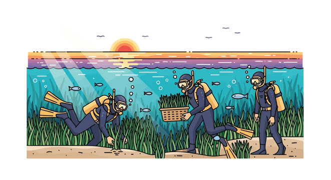 Scuba divers collecting underwater plants and marine life with basket in vibrant ocean isolated on white background