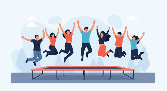 Diverse group of cheerful people jumping together on a trampoline against a blue sky background for active lifestyle themes.