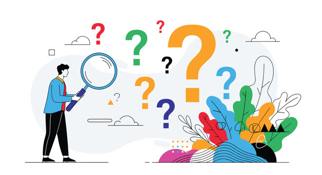 Man holding a large magnifying glass searching for answers among many colorful question marks representing curiosity.
