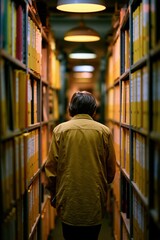 Obraz premium Policy Specialist Organizing Binders in Quiet Archive Room with Warm Lighting