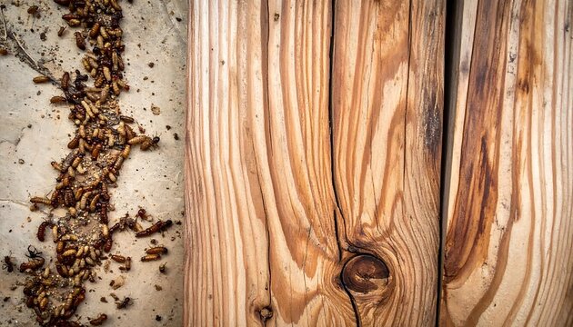 Damaged Wooden Planks with Termite Infestation Along Concrete Edge