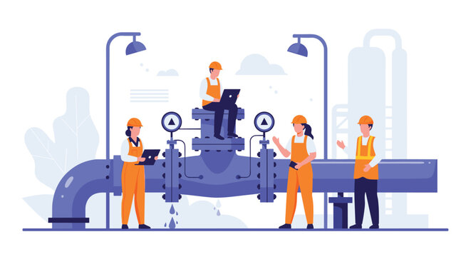 Group of professional industrial workers and engineers inspecting a complex network of pipelines and valves in a plant.