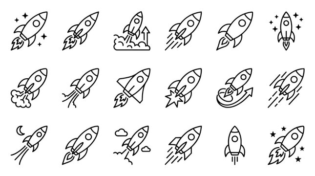 Launching rocket line icons set