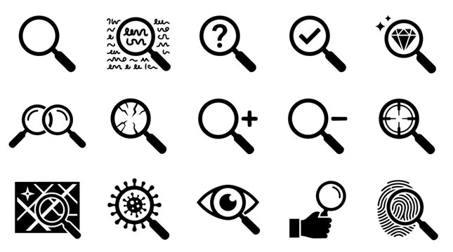 Magnifying glass search and analysis black icons set