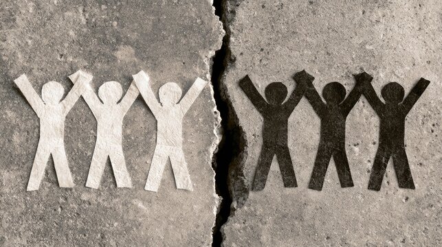 Paper figures in two distinct groups, separated by a deep crack