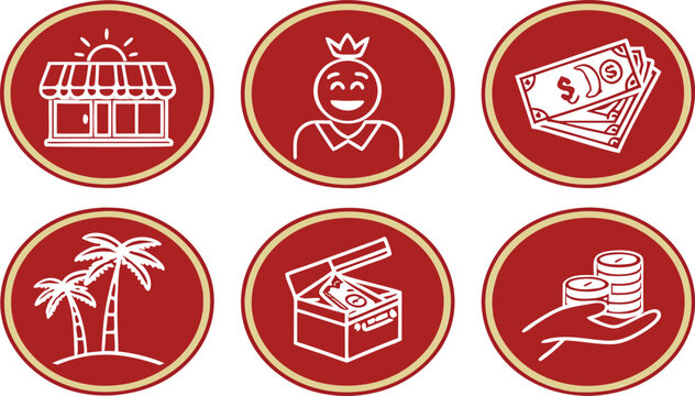 Red circular business and wealth icon set with gold borders showing shop storefront king avatar dollar cash chest box and coin stackRed circular business and wealth icon set with gold borders showing 