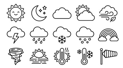 Fototapeta premium Weather conditions and forecast outline icons set