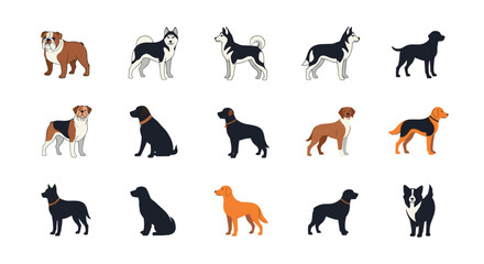 Fototapeta premium Large set of diverse dog breed silhouettes and illustrations includes popular pets like bulldogs, huskies, labradors, and border collies.