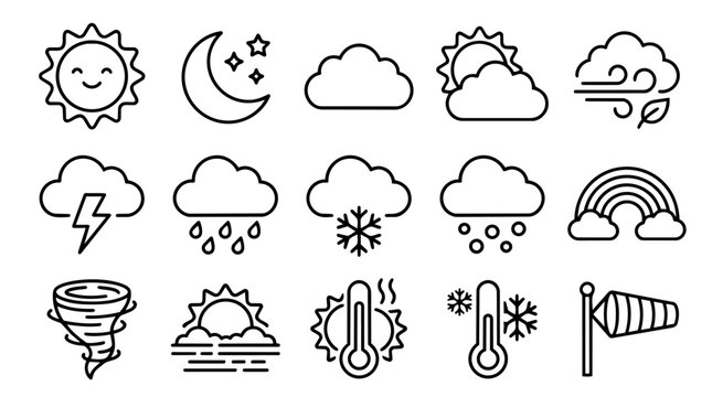Weather conditions and forecast outline icons set